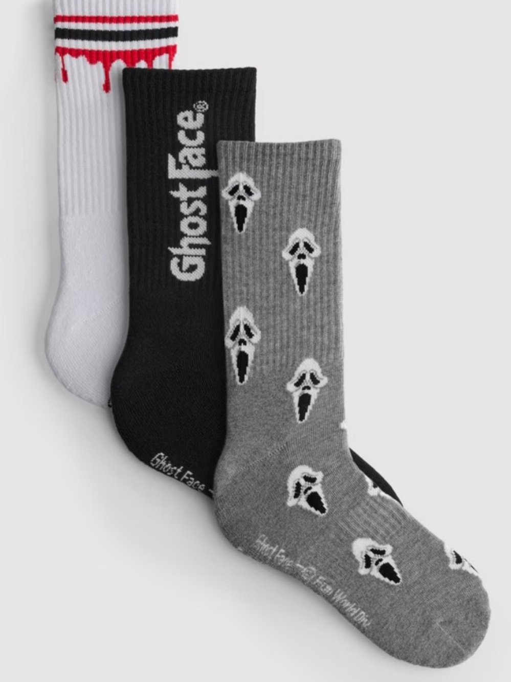 Ghost Face 3-Pack Crew Socks — Black, Gray & White